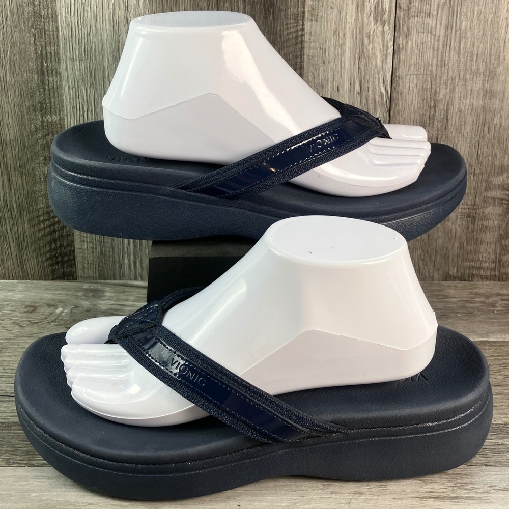 Vionic High Tide II Navy Blue Platform Thong Sandals Womens 10 Arch Support